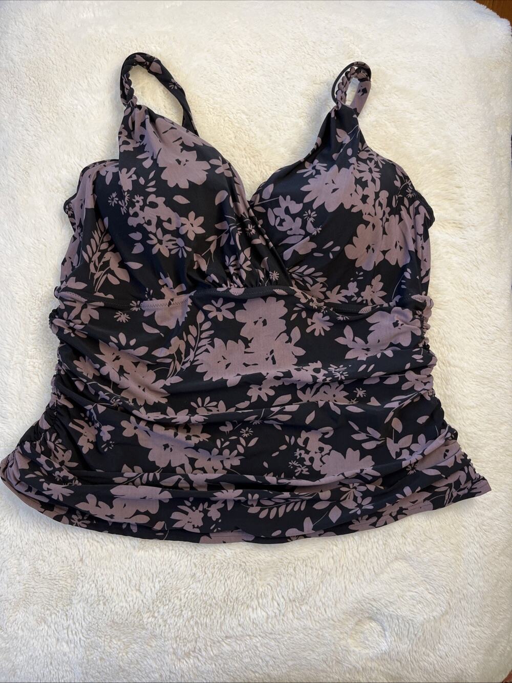 Lands End 16 W Black Brown Floral‎ Print Tankini Swimsuit Swim Tank w/ Bra Boho